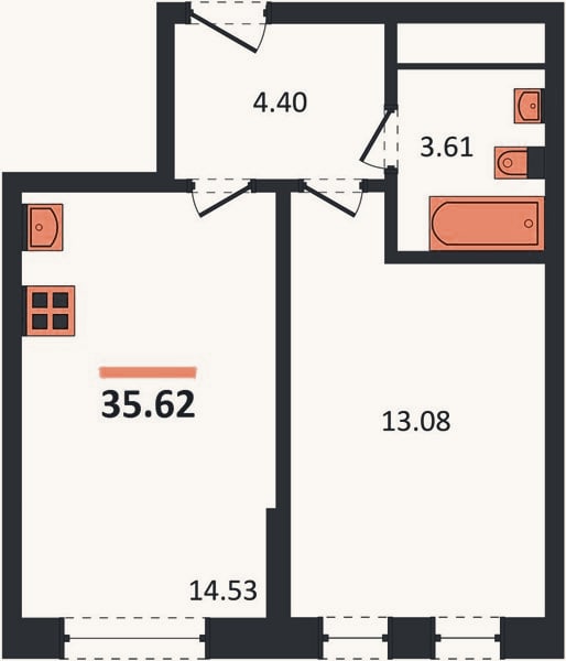 Планировка: 1-к, 35,6 м²