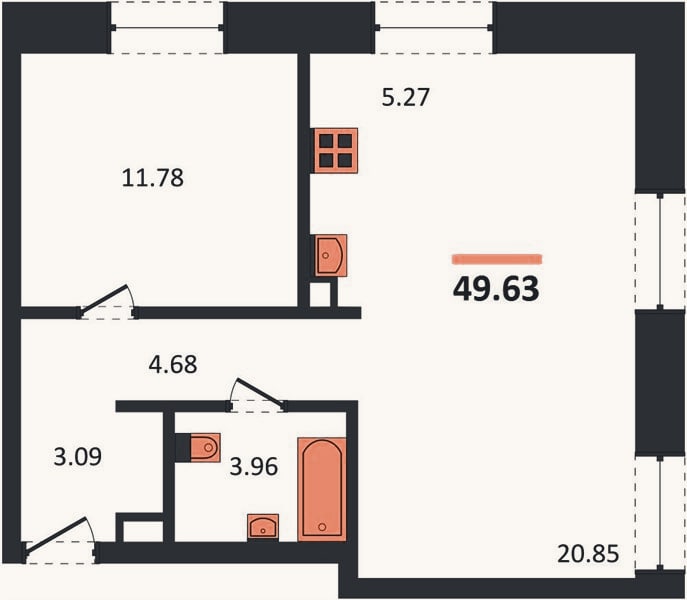 Планировка: 1-к, 49,6 м²