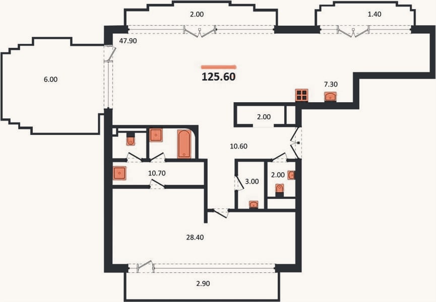 Планировка: 1-к, 125,6 м²