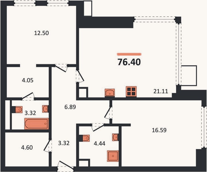 Планировка: 2-к, 76,4 м²