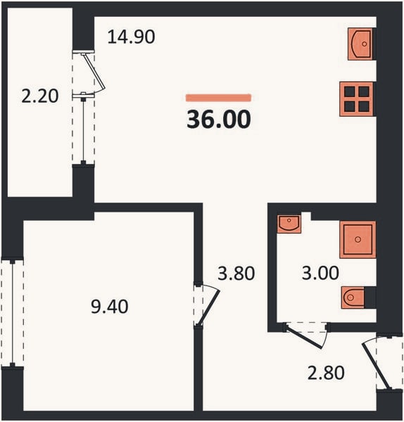 Планировка: 1-к, 36 м²