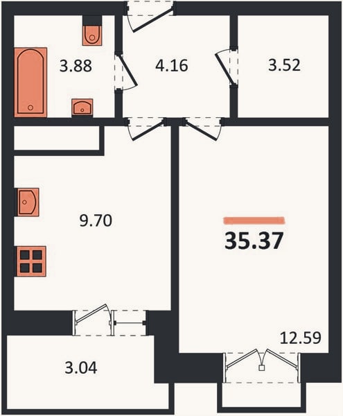 Планировка: 1-к, 35,4 м²