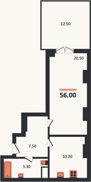 Планировка: 1-к, 56 м²