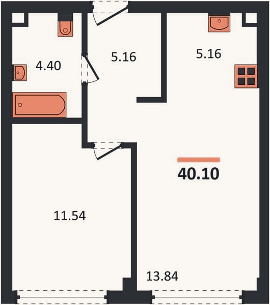 Планировка: 1-к, 40,1 м²
