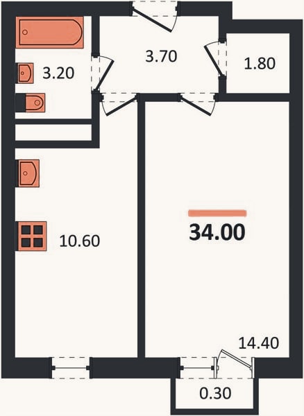Планировка: 1-к, 34 м²