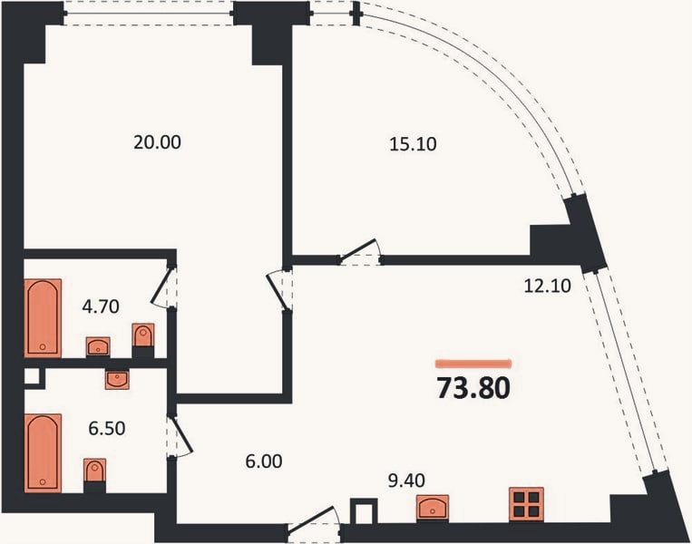 Планировка: 2-к, 73,8 м²