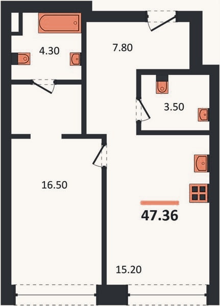 Планировка: 1-к, 47,4 м²