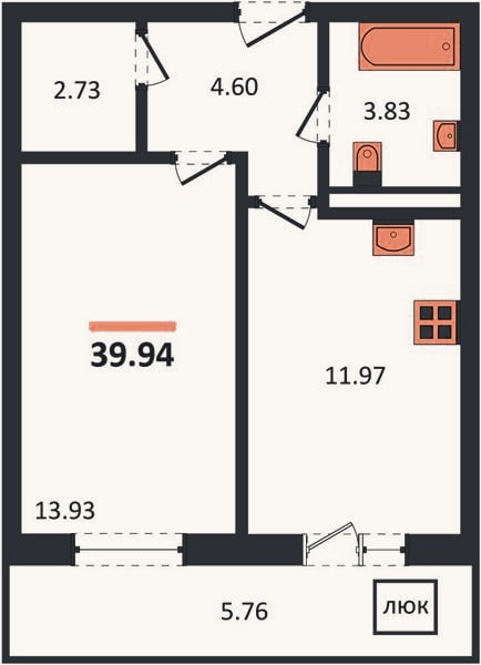 Планировка: 1-к, 39,9 м²