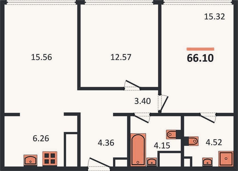 Планировка: 2-к, 66,1 м²