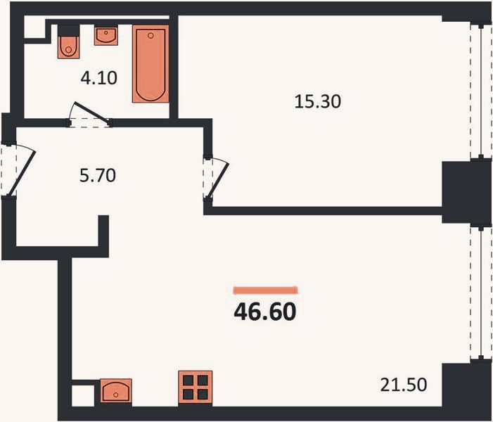 Планировка: 1-к, 46,6 м²