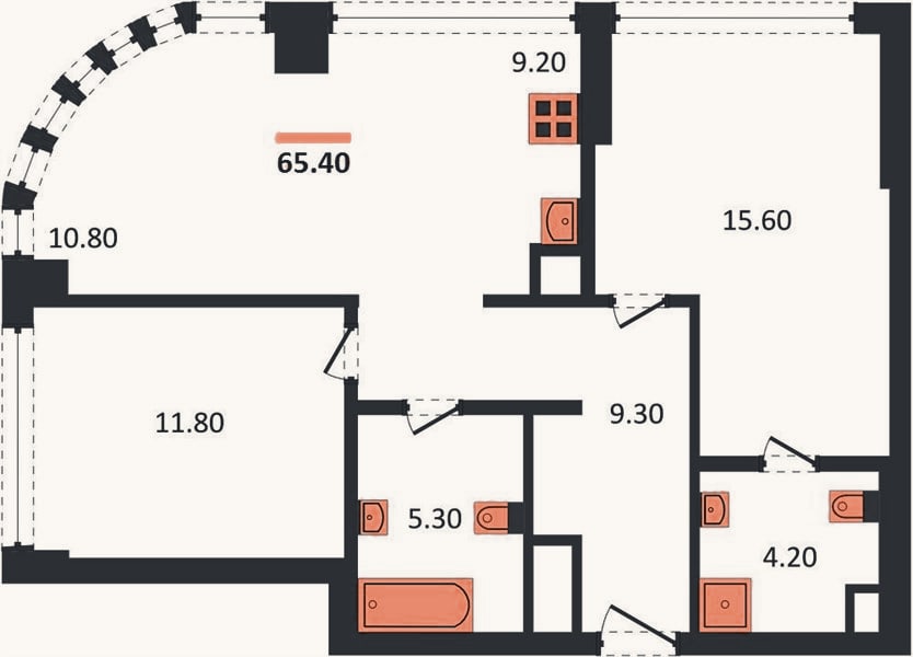 Планировка: 2-к, 65,4 м²