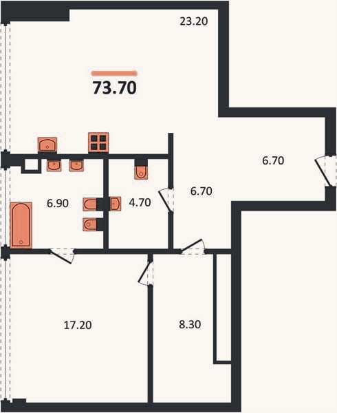 Планировка: 1-к, 73,7 м²