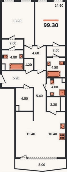 Планировка: 2-к, 99,3 м²