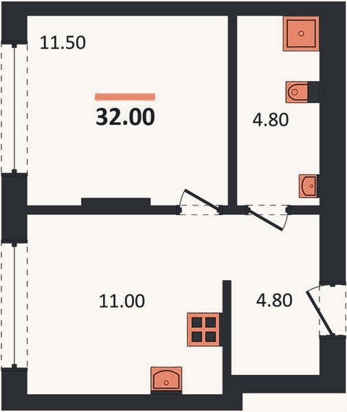 Планировка: 1-к, 32 м²