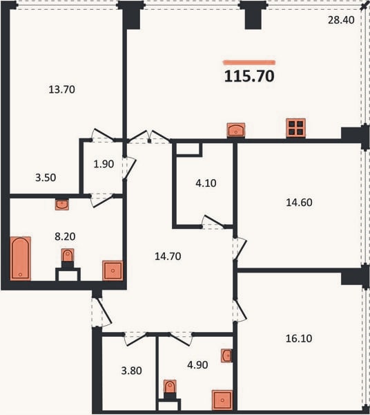 Планировка: 3-к, 115,7 м²