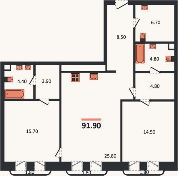 Планировка: 2-к, 91,9 м²