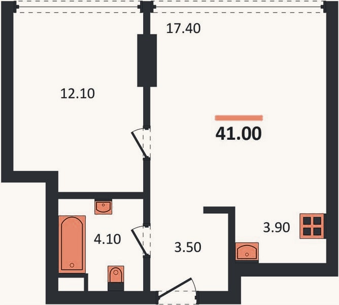 Планировка: 1-к, 41 м²
