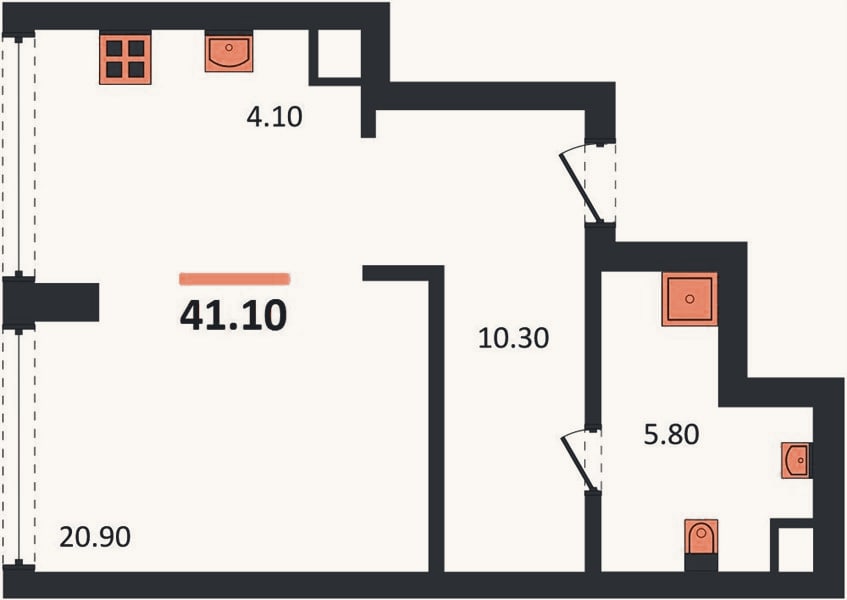 Планировка: Студия, 41,1 м²