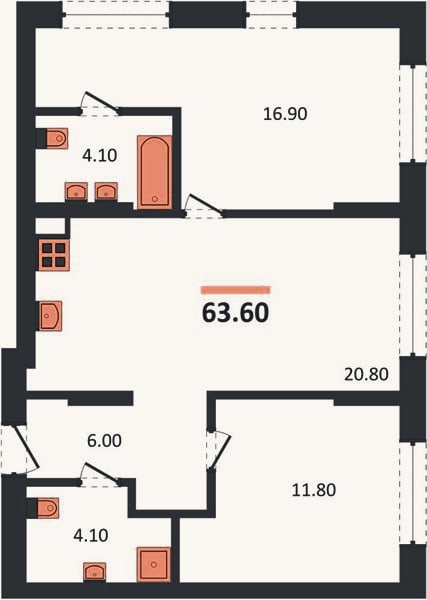 Планировка: 2-к, 63,6 м²