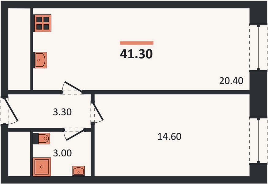 Планировка: 1-к, 41,3 м²