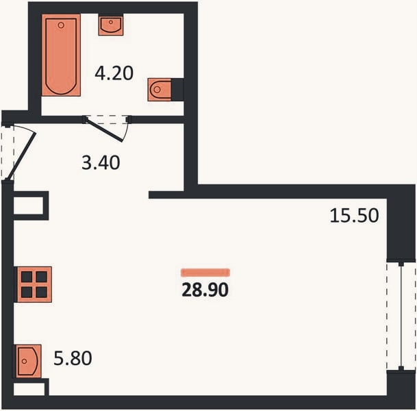 Планировка: Студия, 28,9 м²