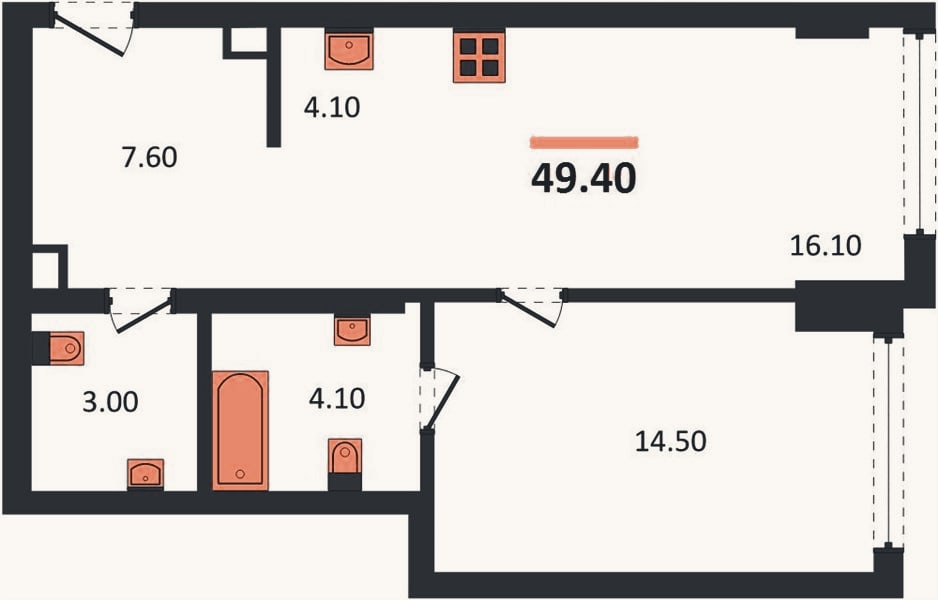 Планировка: 1-к, 49,4 м²
