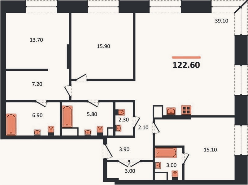 Планировка: 3-к, 122,6 м²