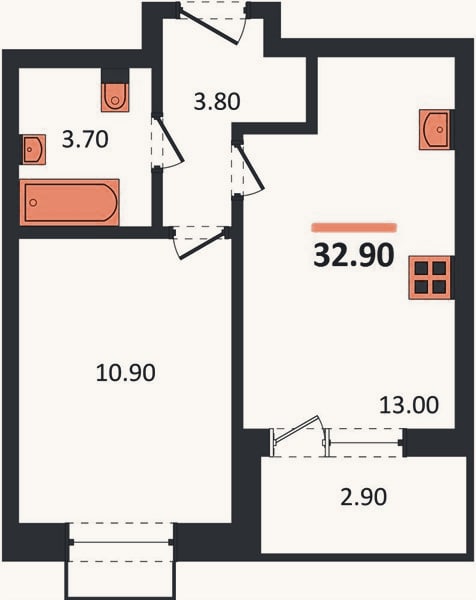 Планировка: 1-к, 32,9 м²