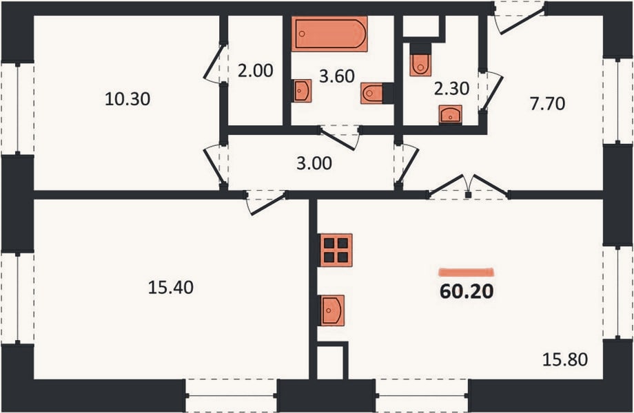 Планировка: 2-к, 60,2 м²