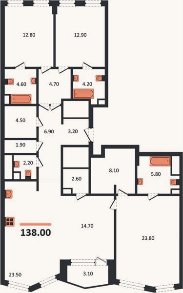 Планировка: 3-к, 138 м²