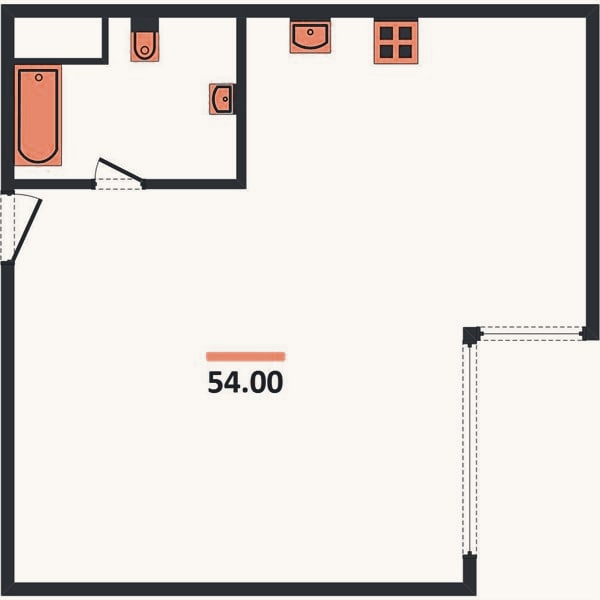 Планировка: 1-к, 54 м²