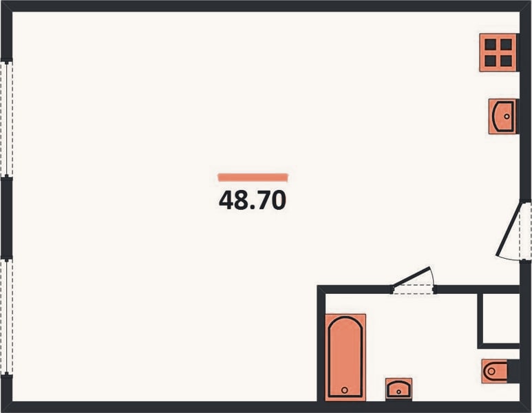 Планировка: 1-к, 48,7 м²