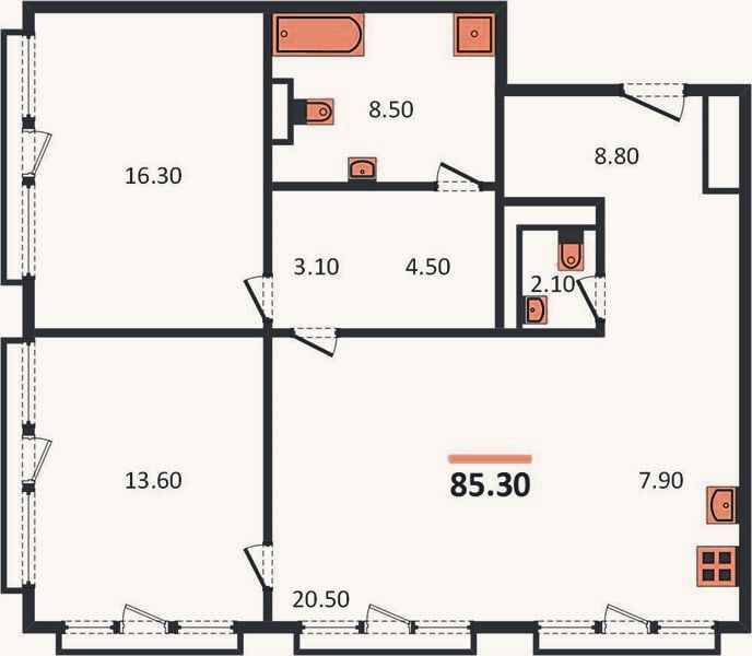 Планировка: 2-к, 85,3 м²