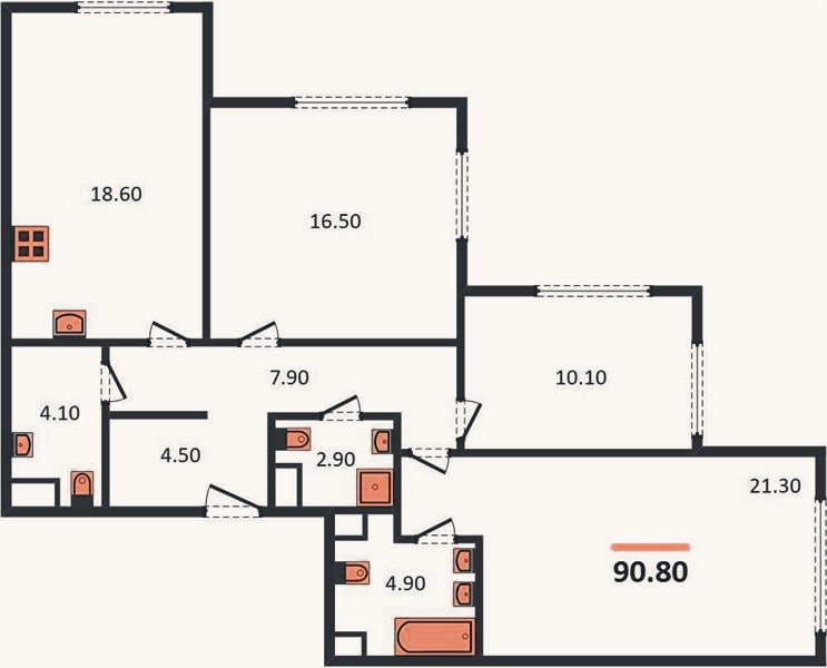 Планировка: 3-к, 90,8 м²