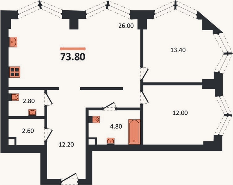 Планировка: 2-к, 73,8 м²