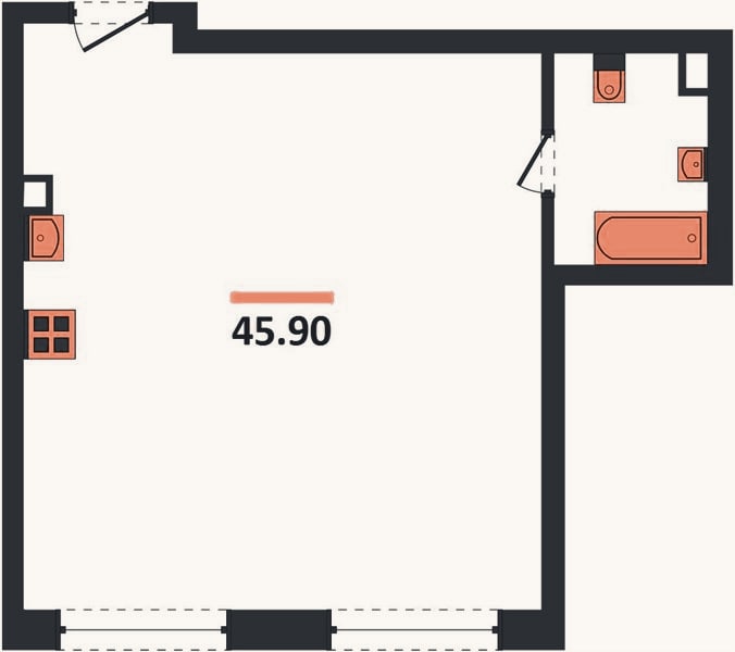 Планировка: 1-к, 45,9 м²