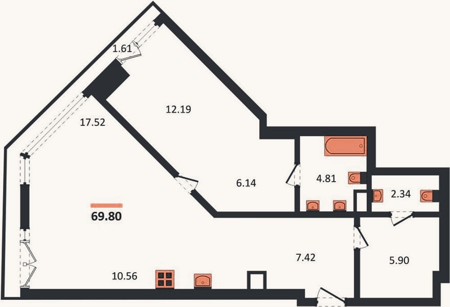 Планировка: 1-к, 69,8 м²