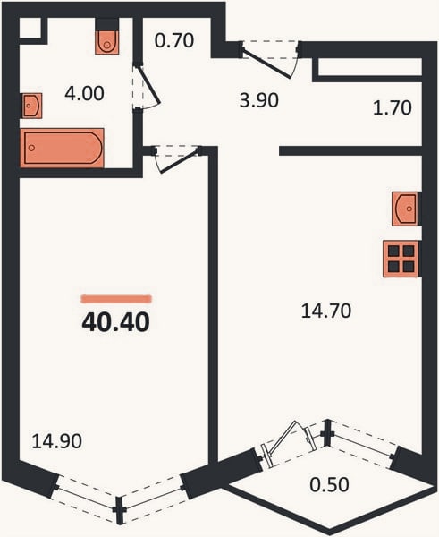Планировка: 1-к, 40,9 м²
