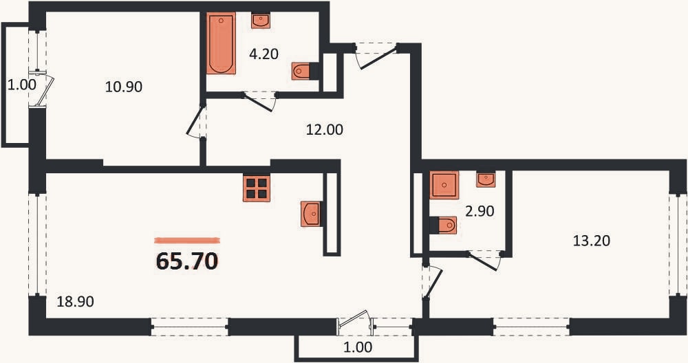 Планировка: 2-к, 65,7 м²