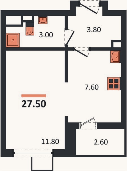 Планировка: 1-к, 27,5 м²