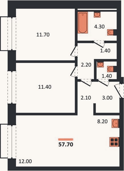 Планировка: 2-к, 57,7 м²