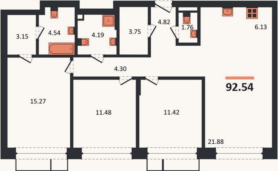 Планировка: 3-к, 92,5 м²