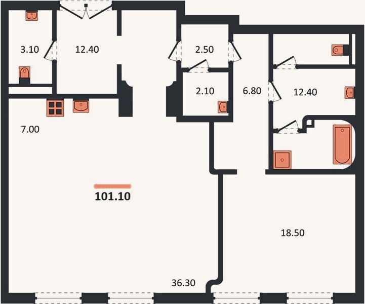 Планировка: 1-к, 101,1 м²