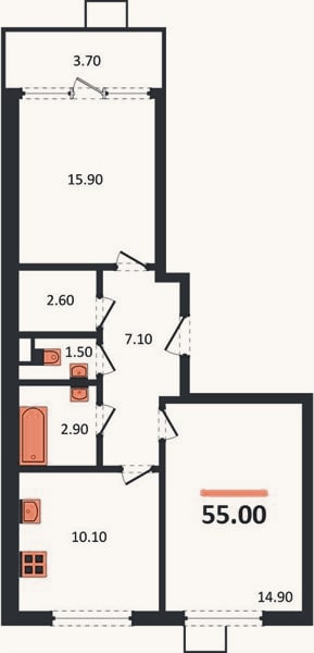 Планировка: 2-к, 55 м²