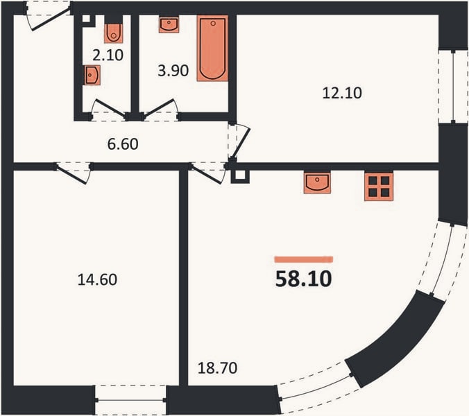 Планировка: 2-к, 58,1 м²