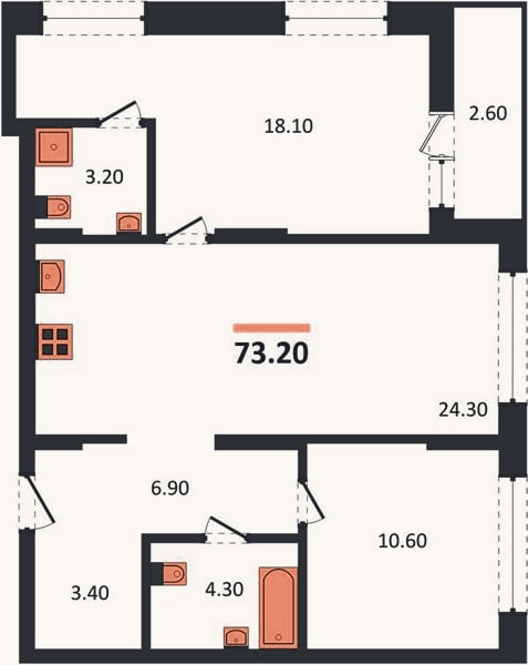 Планировка: 2-к, 73,2 м²