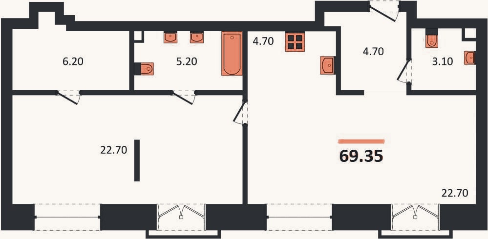Планировка: 1-к, 69,4 м²