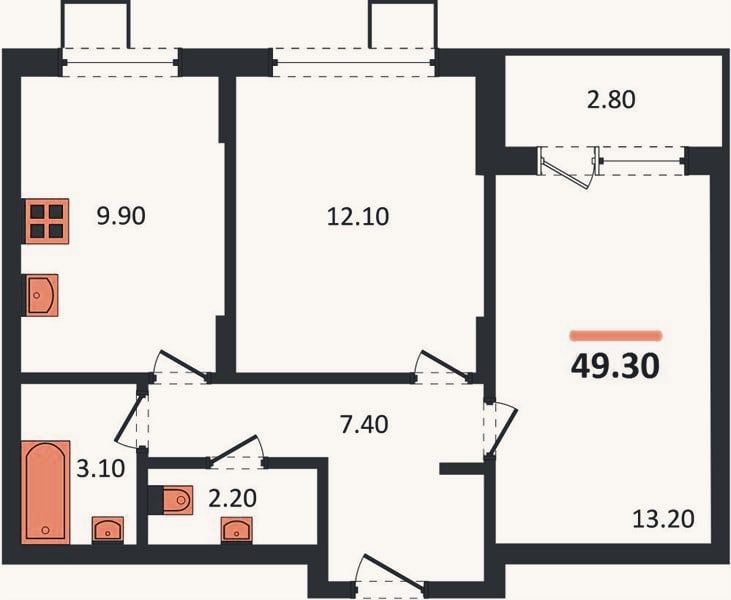 Планировка: 2-к, 49,3 м²