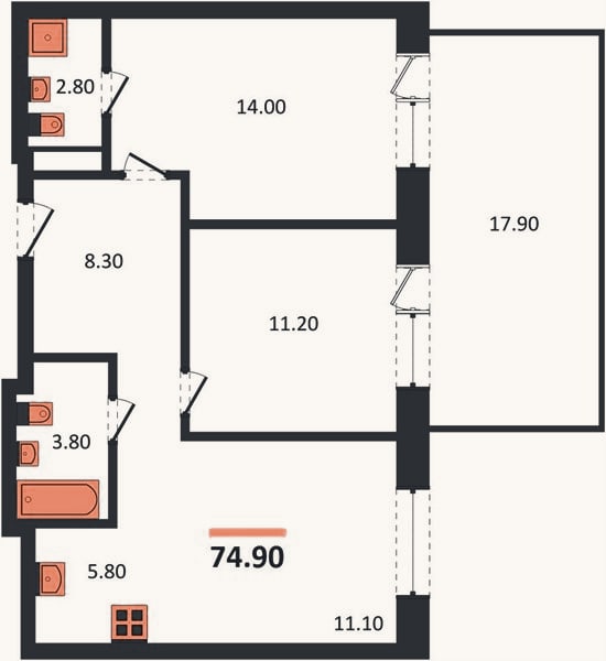 Планировка: 2-к, 74,9 м²