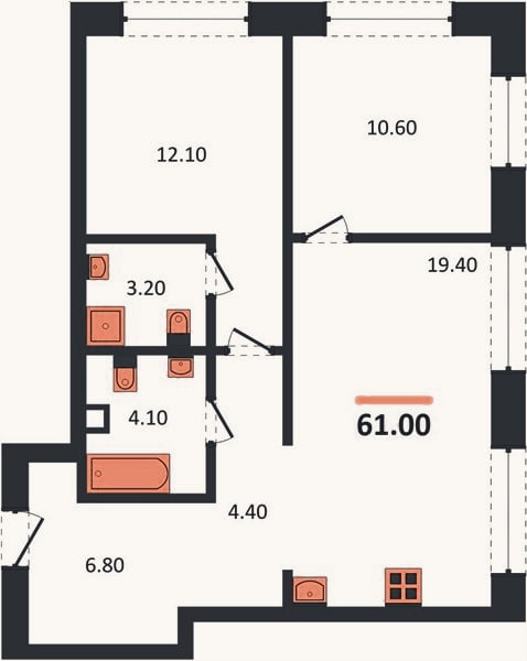 Планировка: 2-к, 61 м²